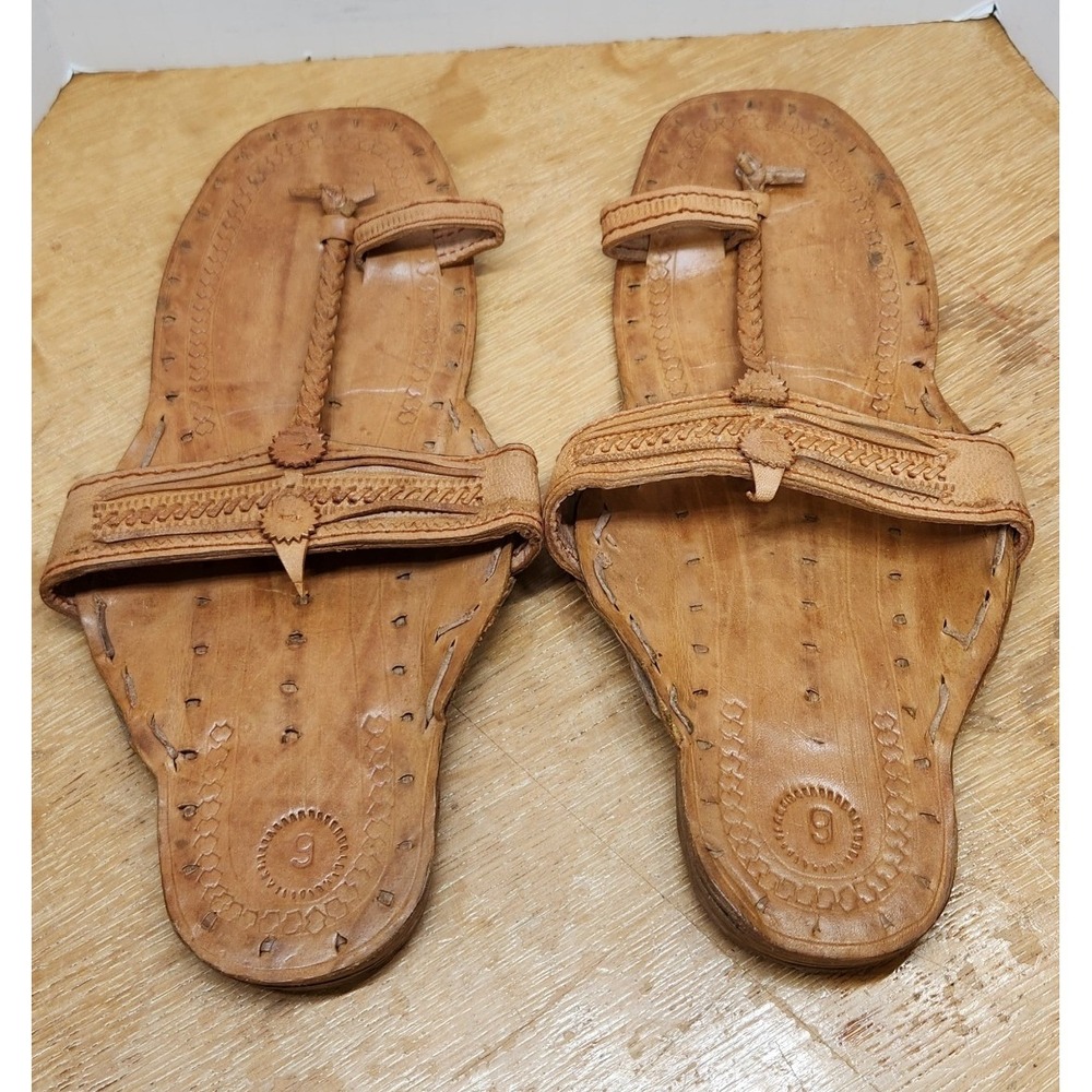 Handmade Leather Kolhapuri Sandals Womens 9 Tan Braided T-Strap Boho Flat Slides - Picture 4 of 8